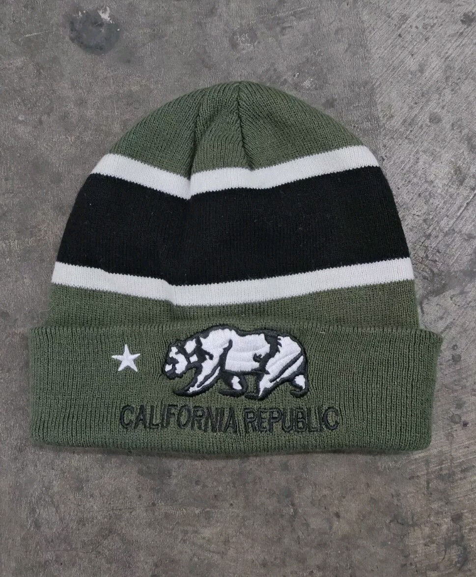 Embroidered California Republic Grizzly Bear Beanie in Green and Black Stripe-image