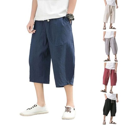 Herren Haremshose dünne Baumwolle Leinen Freizeit Jogginghose wadenlange Hose