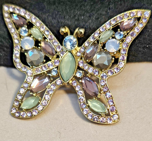 Napier Vintage Gold Tone Brooch Green Blue rhinestone Butterfly Signed Jewelry