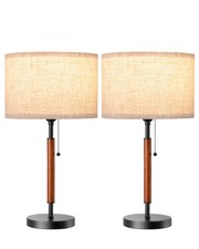 Mid Century Style Bedside Lamps Set 2 w/ Linen Shade Nightstand Lighting Modern