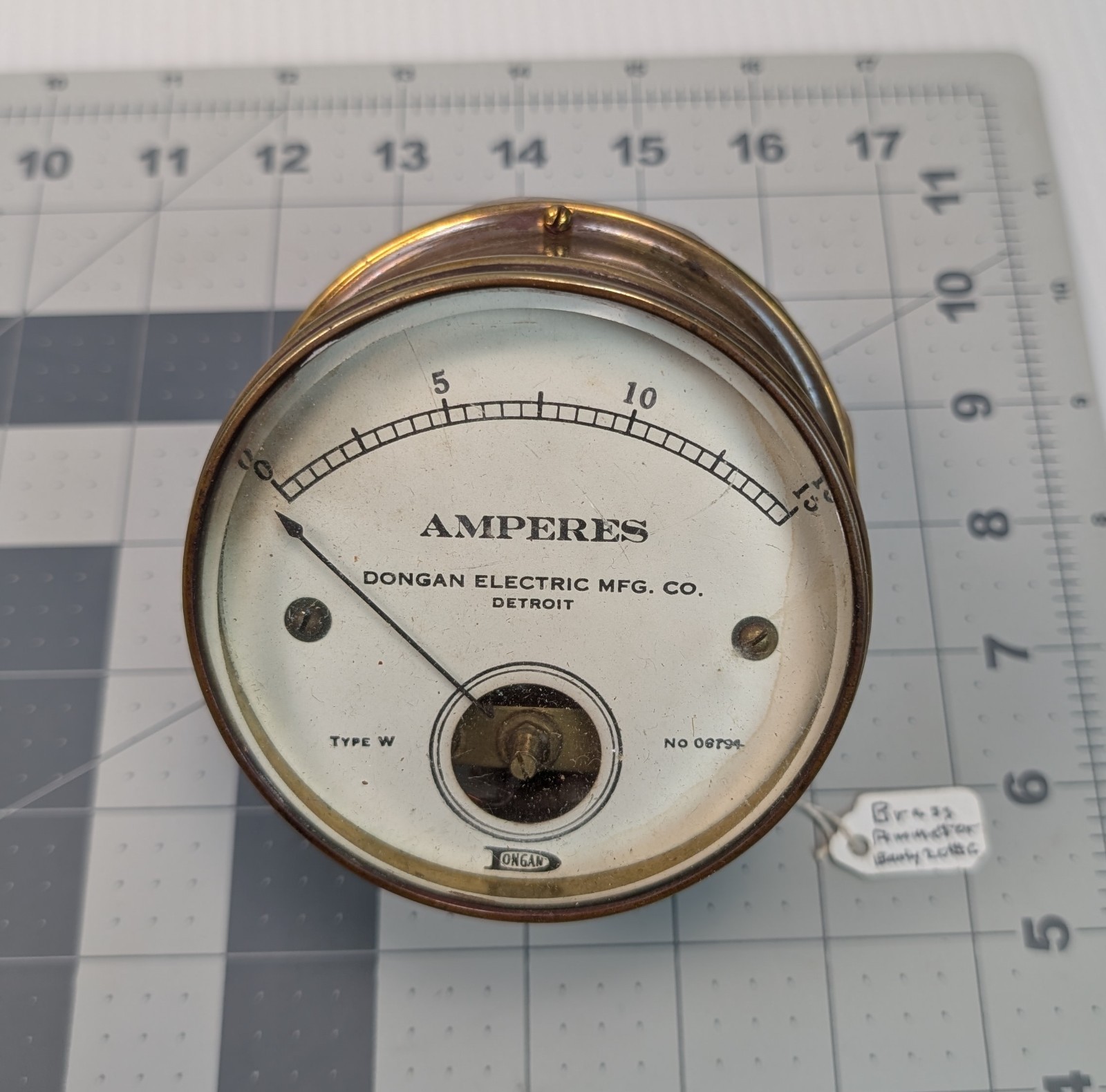 Vintage Dongan Electric, Detroit Type W Ammeter No 08794, Brass Panel Gauge