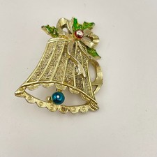 Vintage 80s Gerrys Christmas Bell Brooch GoldTone Enamel Holly Beads Pin Jewelry