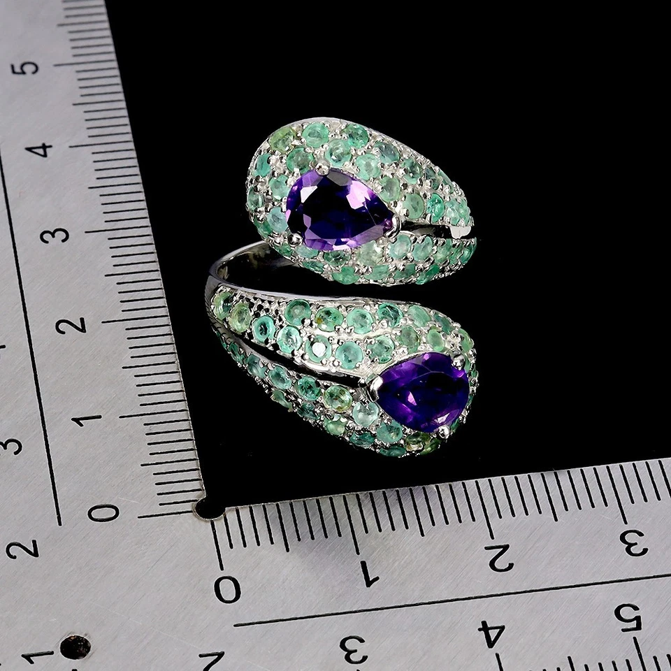 925 Sterling Silber Ring Birne Amethyst 8x6mm Edelstein Smaragd Schmuck Size 7,5 - Bild 3 von 4