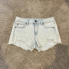 American Eagle Next Level Stretch Light Wash Denim Cut Off Shorts Frayed Size 4