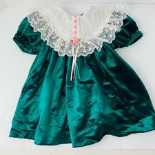 Vintage 90  s Toddler Dark Green Velvet w/ Lace Dress-Size 24 Months Holiday