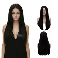 28 Long Straight Natural Black Women Wednesday Addams Costume Morticia Wig Mo...