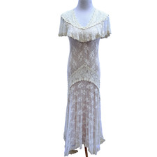 Susan Lanes Country Elegance Ivory Lace Ruffled Wedding Dress S Vtg 70's USA