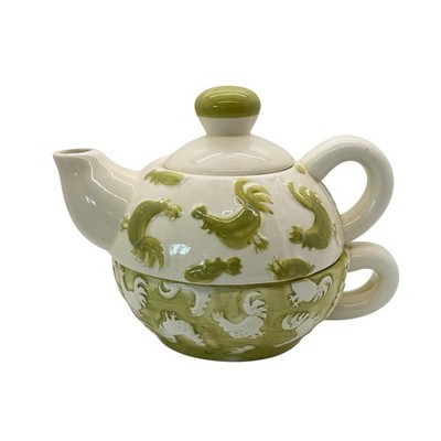 VTG MSRF Design Studios Rooster Tea For One 2 Part Teapot & Cup Stack Set Green