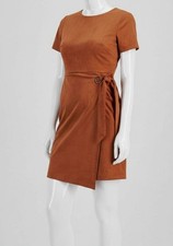 Tahari ASL Women Brown Faux Round Neck Suede Tie-Waist Sheath Dress Size: 16