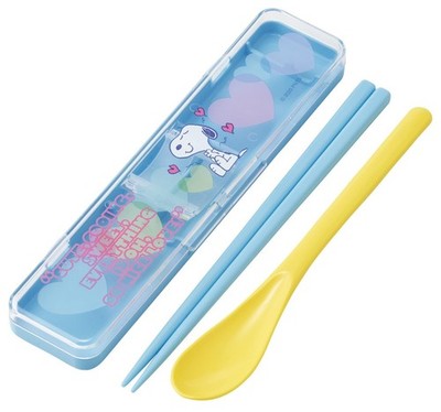 Skater Snoopy Clear Heart Blue Chopsticks and Spoon Combo Set Japan NEW