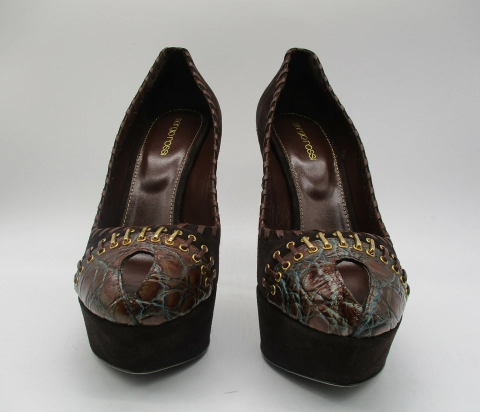SERGIO ROSSI marrón gamuza Scarpe Donna tacón romo plataforma peep toe bomba talla 39 Foto 4 de 4