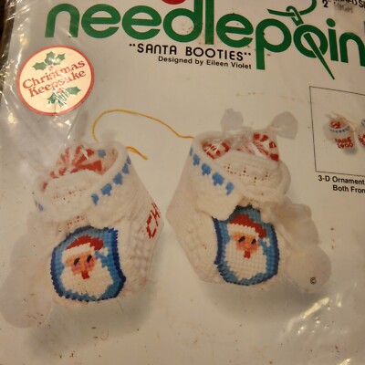 JIFFY NEEDLEPOINT KIT SANTA BOOTIES 3-D ORNAMENT SUNSET DESIGNS # 5056 2'' HIGH