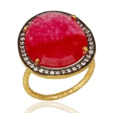 Natural Red Aventurine Ring 925 Sterling Silver Gold Plated CZ Gemstone Jewelry