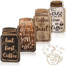 4 Pieces Wood Coffee Sign Decorative Rustic Wood Coffee Bar Sign Wall Hanging Pl