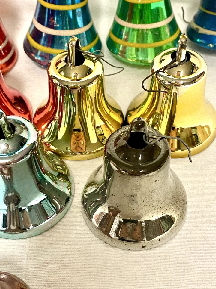 12 Vintage Christmas Bell Striped Ornaments 5 Glass & 7 Plastic Bells Multicolor - Image 4 of 4