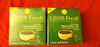 2 PACK GREEN FRESH DIETER'S TEA 100%NATURAL NO CAFFEINE (30 TEA BAGS EACH)