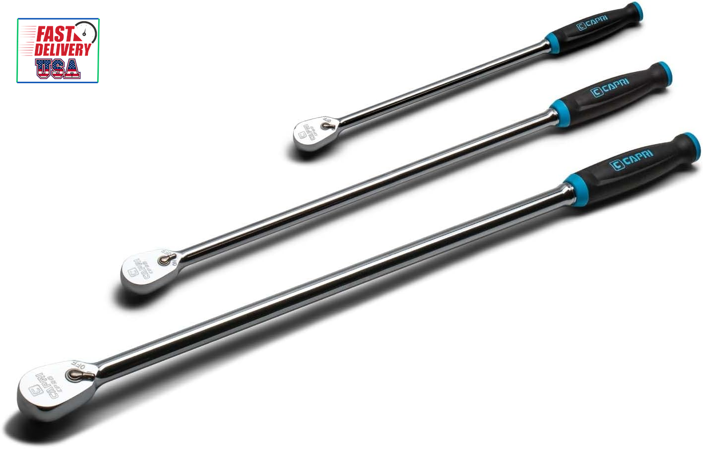 Fine 90-Tooth Extra Long Ratchet Set, Ergonomic Soft Grip, 1/4, 3/8, 1/2 In. Dri