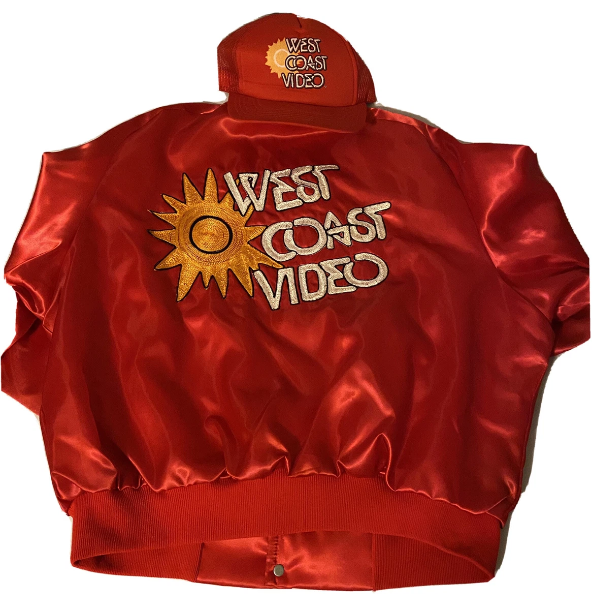 Vintage 1980’s West Coast Video Store Uniform Satin Jacket And Hat Chain stitch