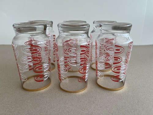 6 VINTAGE RED WHITE DECAL GILDED SHAPED TUMBLER GLASSES - GREAT CONDITION - Picture 5 of 5