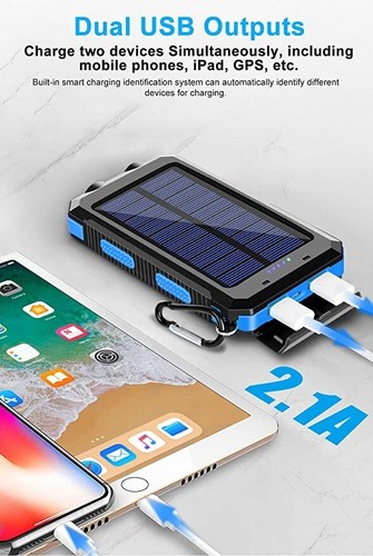 Solar 20000mAh Power Bank Dual USB powerbank Waterproof - Photo 2 sur 6
