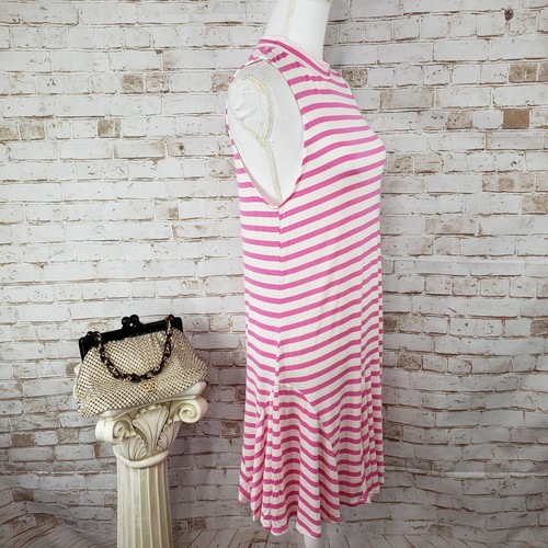 NWT Everly Sz L Pink/White Striped Sleeveless Knit Swing Dress Mock Neck Stretch - Picture 8 of 11