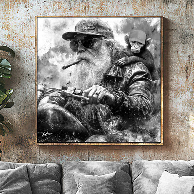 Leinwand Bild Motorradfahrer Rocker Monkey Gemälde Wandbilder Wohnzimmer 7038A