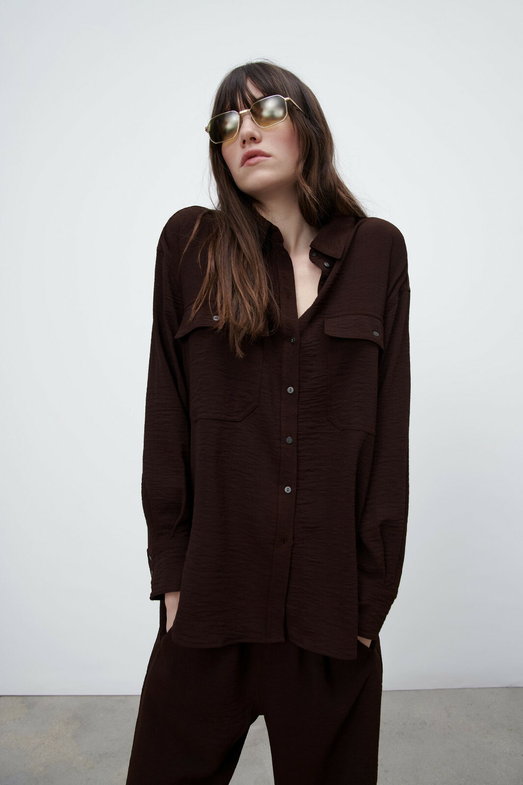 ZARA Womens Brown Flowing Shirt w/ Patch Pockets - Size L -Blogger Fave 💗 NWT