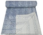 Indian Kantha Quilt Throw Blue Bedspread Double Size Hand Block Print Cotton