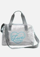 NWT JUSTICE LIVE Silver Duffel Tote Bag Gymnastics Dance Cheer Girl