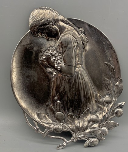 Rare WMF 1900 Set of ART NOUVEAU PEWTER CARD TRAY Rooster Boy Cherry Girl - 333 - Picture 15 of 22