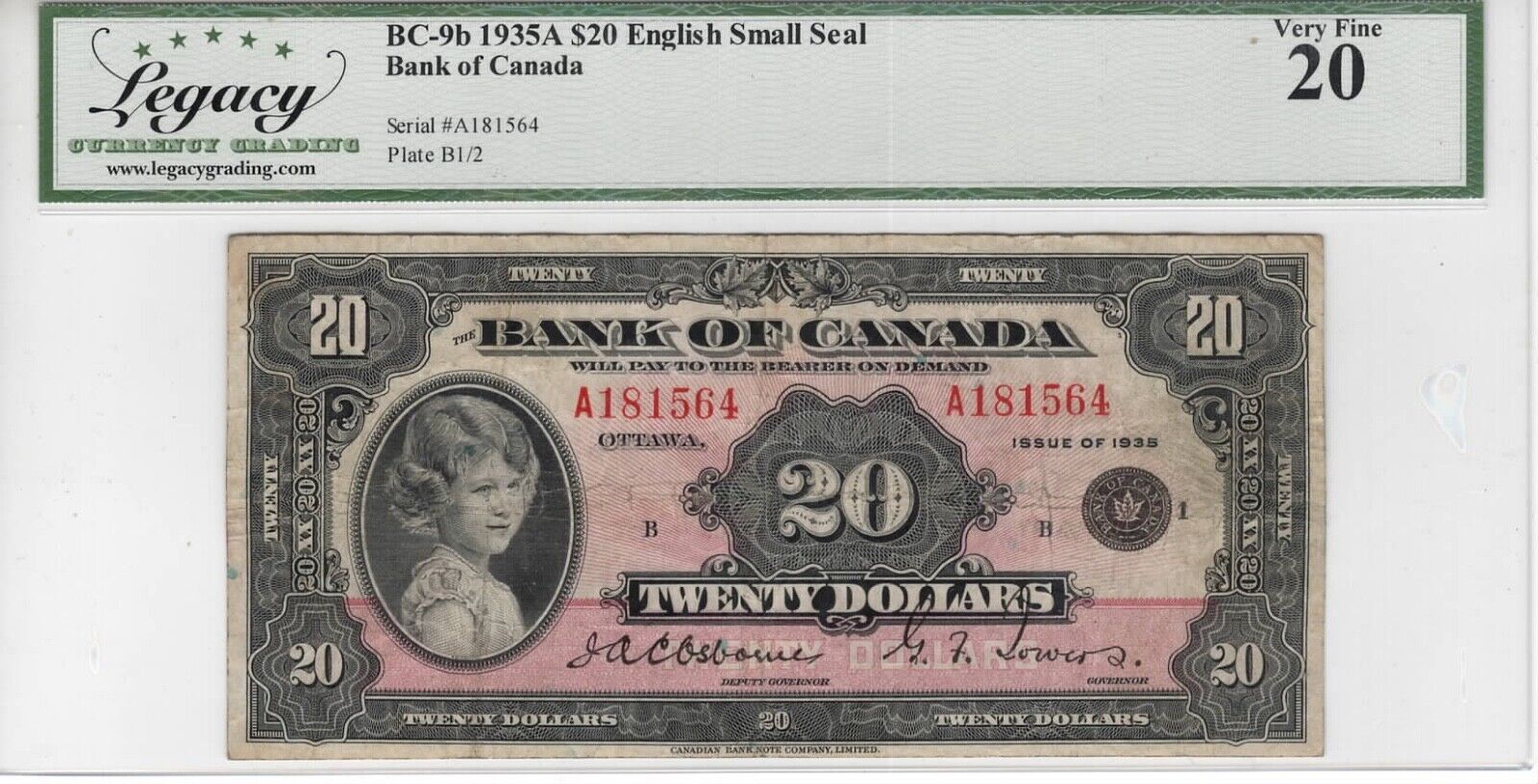 Bank of CANADA $20 Dollar ENGLISH Small Seal VF20 1935 BC-9b/P-46b QEII Banknote
