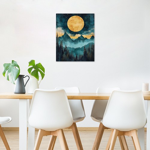 Arte de pared abstracto bosque montaña luna llena estrellada para baño sala de estar - Imagen 14 de 15