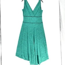 AVON Maxi Dress Sundress Women Size L Green Black Jersey Deep V-neck Hi Low Hem