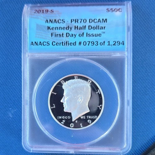 2019, Kennedy Half Dollar, Silver Proof, ANACS PR70, DCAM, First Day of Issue.
