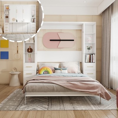 Queen Size Murphy Wall Bed With Side Storage Cabinets and Integrated Desk