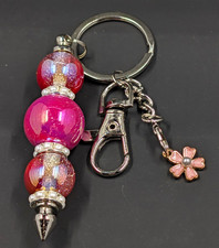Pink/Silver Beaded Key Chain w/ Lobster Clasp Detachable Flower Charm