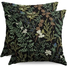 Botanical Print Floral Pillow Covers 20x20 Set of 2 Black Sage Green Spring V...