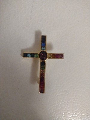 Vtg P.S. Co. 1998 Gold-tone Multicolor Crystal Cross Rainbow Uranium Brooch 