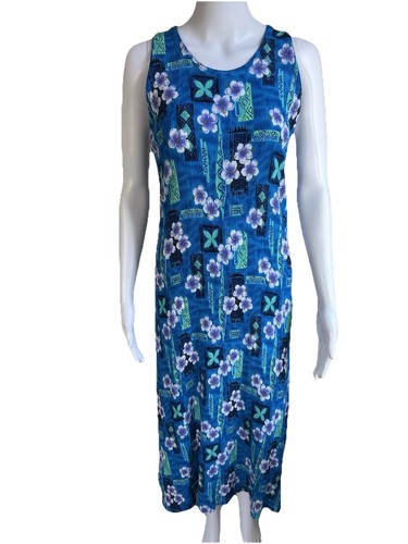 Blue Tropical Floral Midi Dress Womens S Stretch Sleeveless Rayon Resort Hawaii