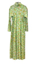 VTG 60s 70s MOD Psychedelic Floral Maxi Dress Turtleneck Green Daisy Hostess M
