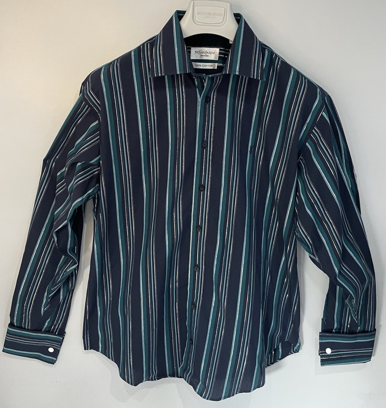 Camicia formale Yves Saint Laurent uomo blu navy verde a righe cotone polsino a D media