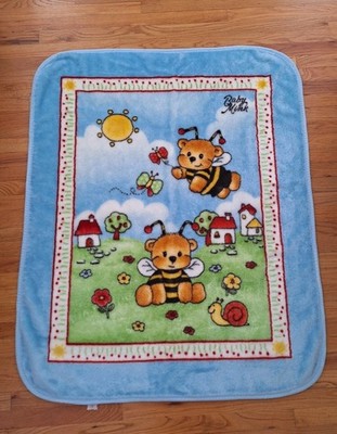  VTG Baby Mink Blanket Bee Teddy Bears, Butterflies, Sun, Houses, Plush RARE