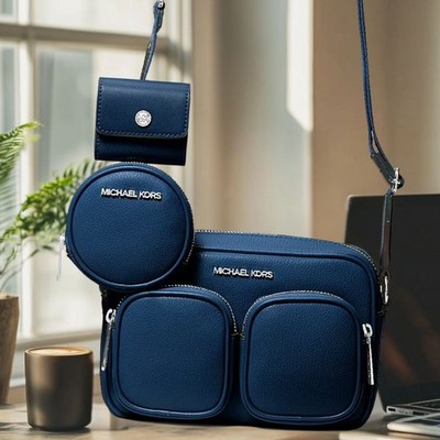 Michael Kors Women Medium Leather Crossbody Bag with Airpods Case Navy Handbag