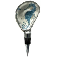 Seahorse Oyster Shell Wine Bottle Stopper – Decoupaged Coastal With Silver Gilt