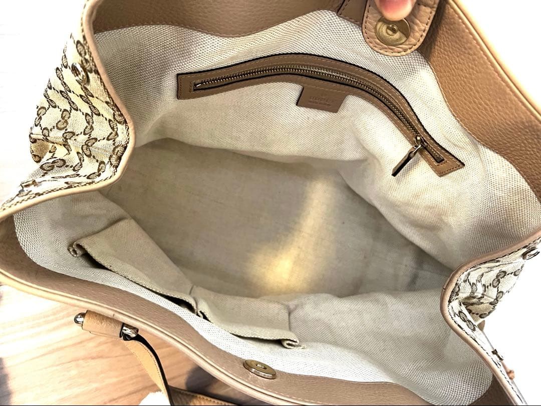 GUCCI GG Canvas Horsebit Tote Bag Beige Leather Trim Excellent Condition thumbnail 7