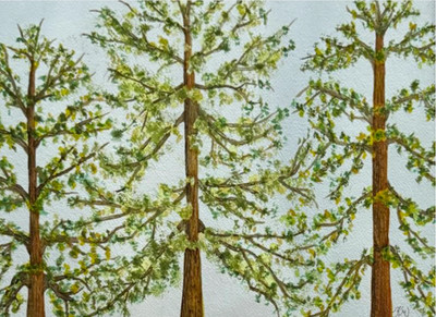 PAINTING WATERCOLOR TREES SPRING LANDSCAPE ART 11X14 AND DOUBLE MAT 16X20 ART