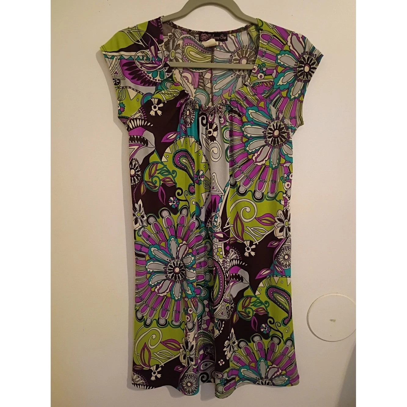 VTG Volume One Colorful Floral Cap-Sleeve Mini Dress - Green & Purple Y2K Sz S