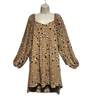 Umgee Large tan black leopard animal print babydoll dress y2k mini Mob Wife boho