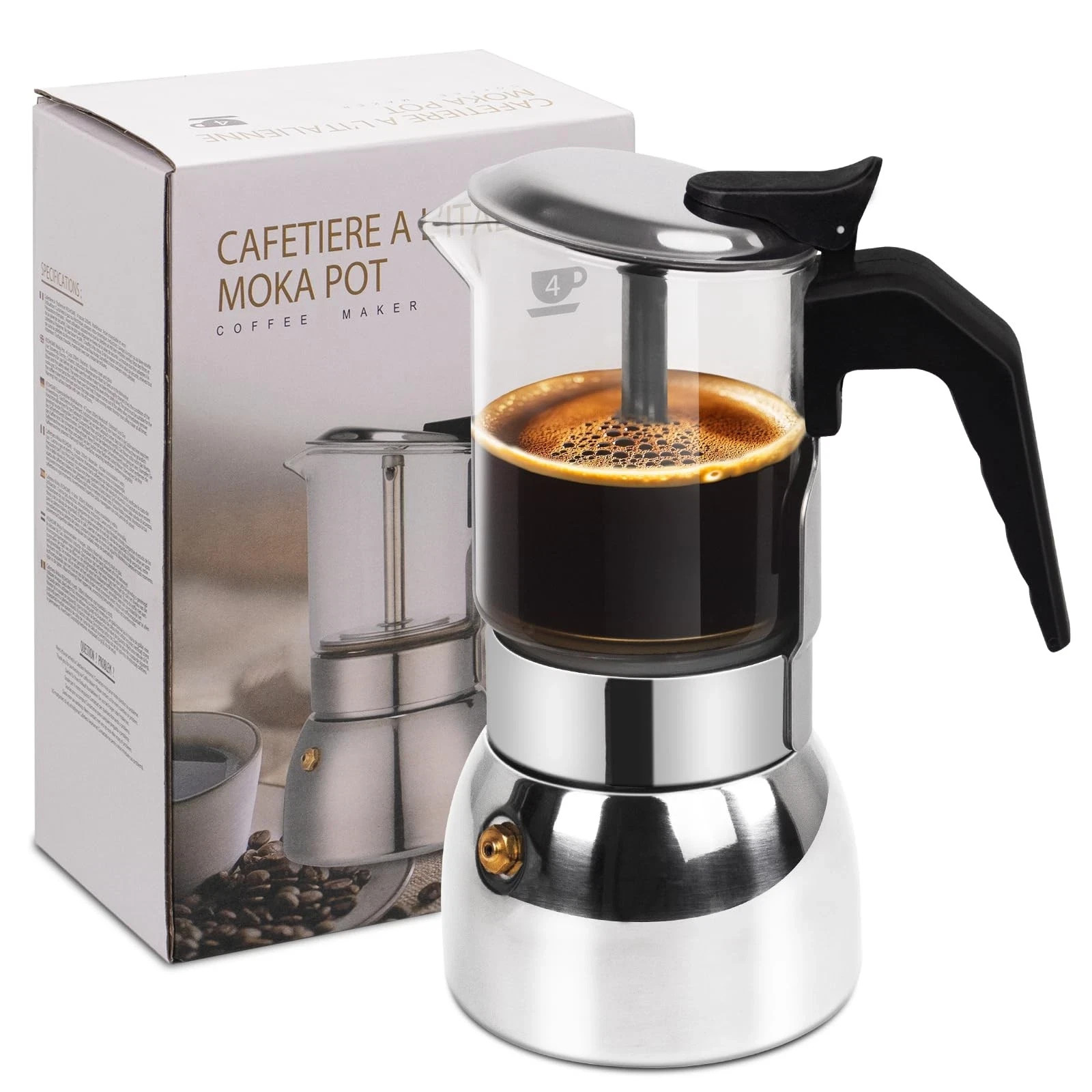 4 Cup Glass Clear Moka Pot Thickened 304 Stainless Steel Sto