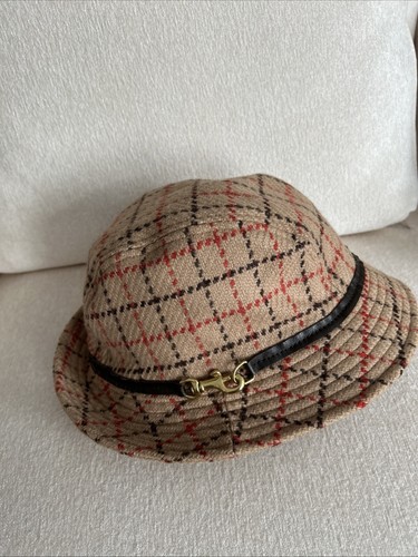 COACH 100% WOOL BUCKET HAT LEATHER TRIM P/S VINTAGE TAN ORANGE BROWN - Picture 4 of 13